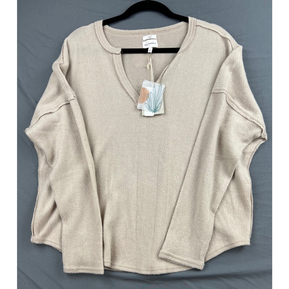 Blu Pepper Sweater Womens Large Cozy Life Beige Notched V-Neck Oversized NWT